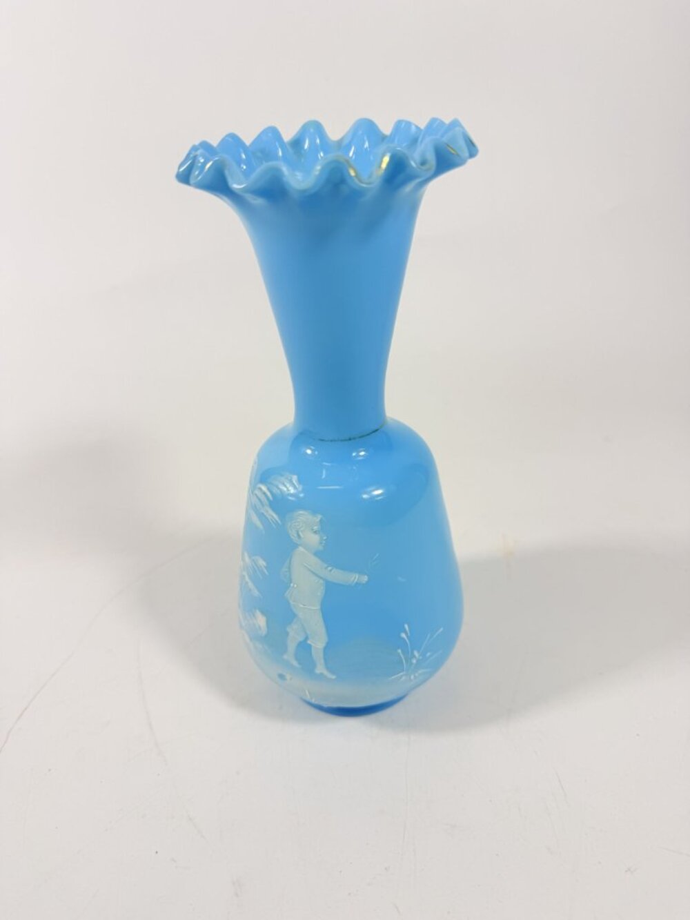 Glass Vase Mary Gregory White Enameled Silhouette Boy Westmorland Hand Painted V - Picture 15 of 16